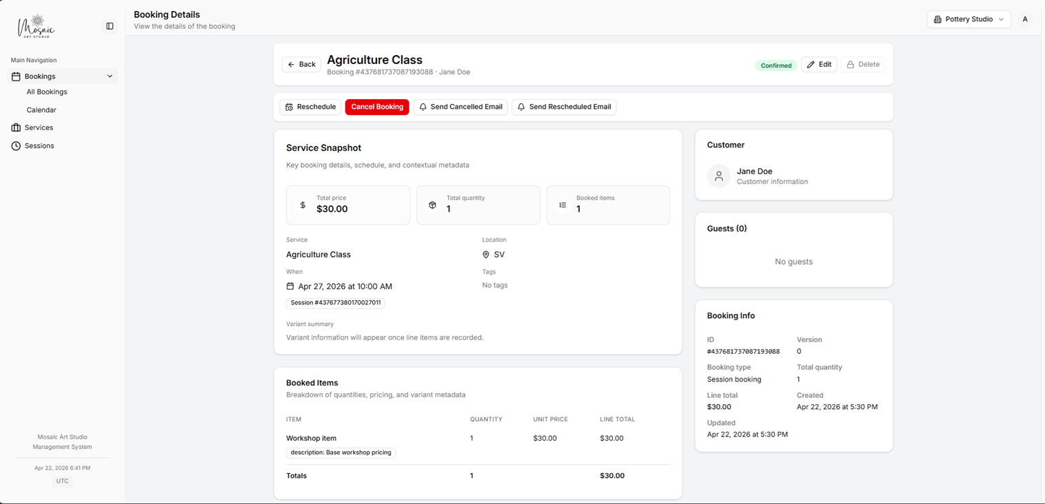 Booking details view for staff members